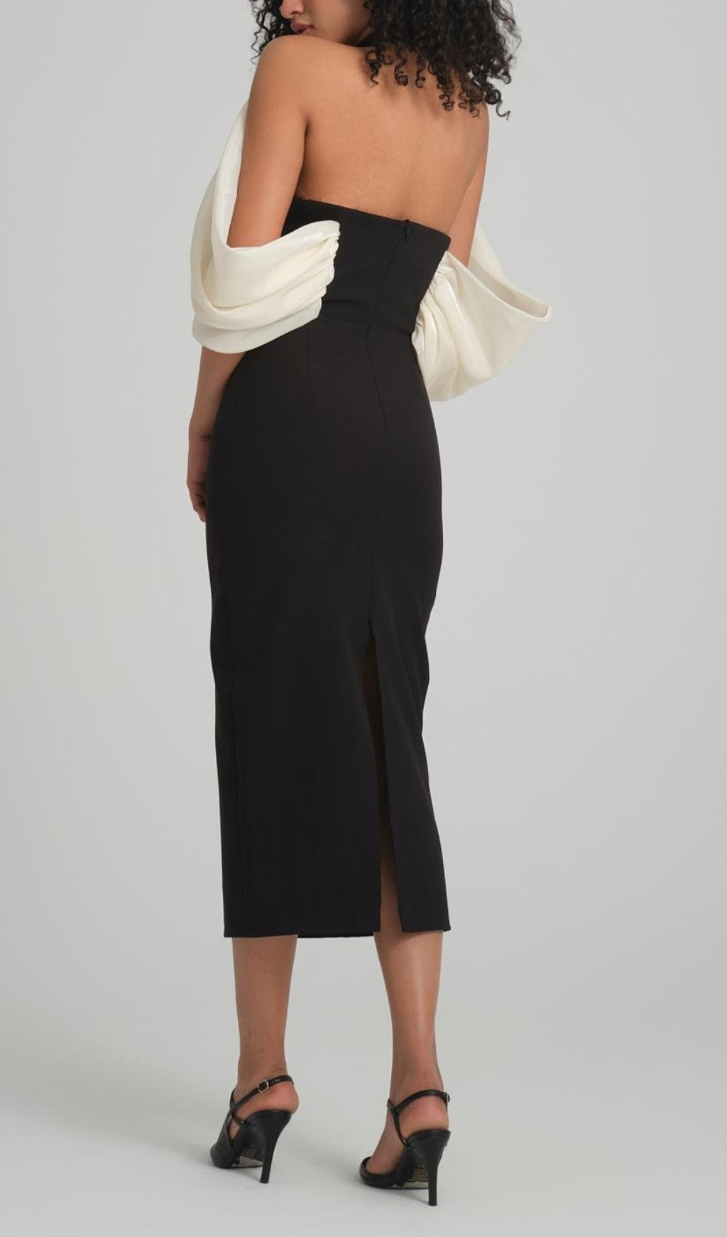 Bess Black Midi Dress with Elegant Off-Shoulder Floral Drape