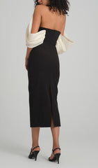 Bess Black Midi Dress with Elegant Off-Shoulder Floral Drape