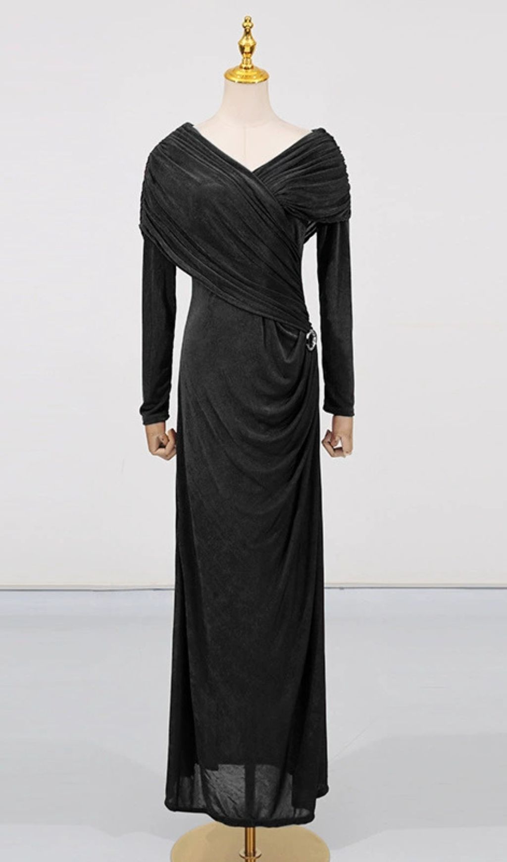 Goldy Elegance Draped Ruched Maxi Dress