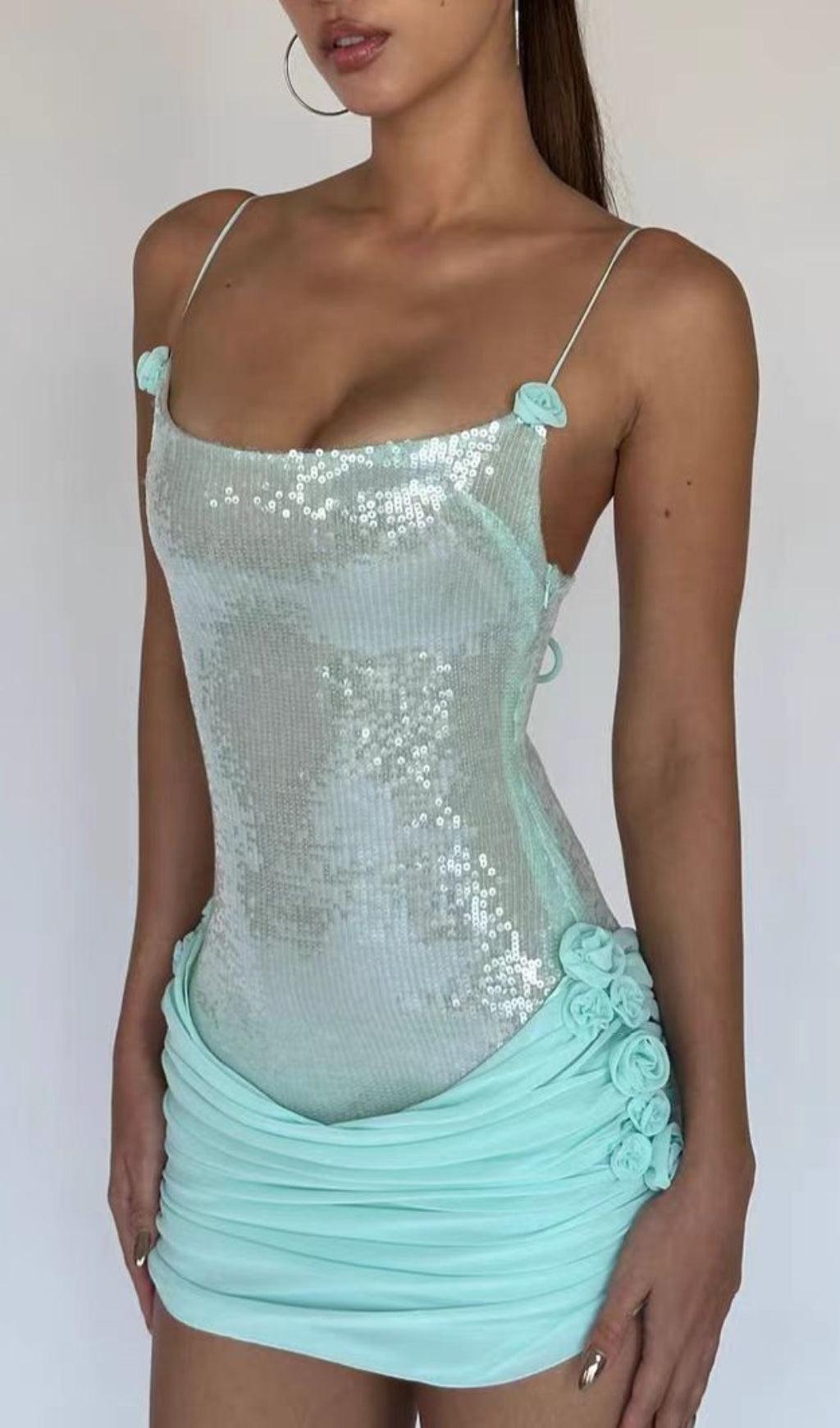 Sparkling Aqua Sequin Bodycon Mini Dress with Rose Details