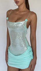 Sparkling Aqua Sequin Bodycon Mini Dress with Rose Details