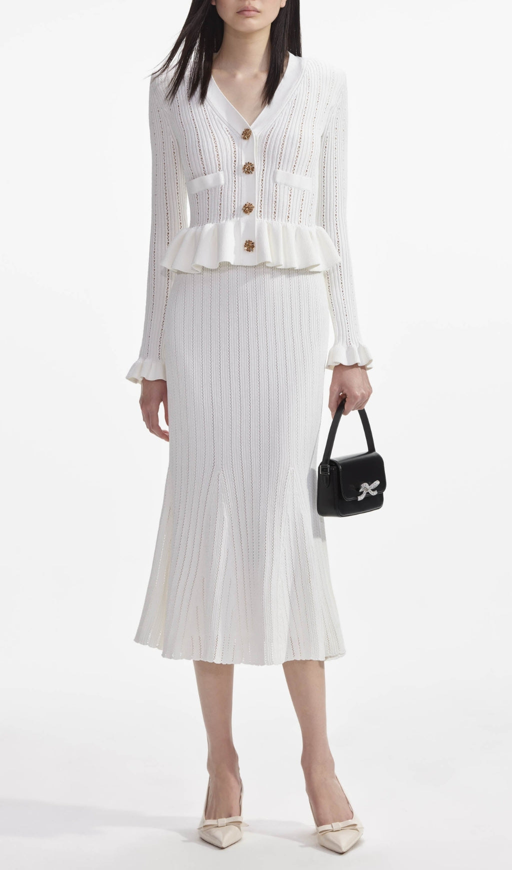 Cletus White Knit Peplum Midi Dress