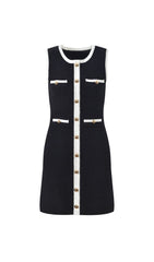 Jenne Black Sleeveless Mini Dress with Contrast Trim & Gold Button Details