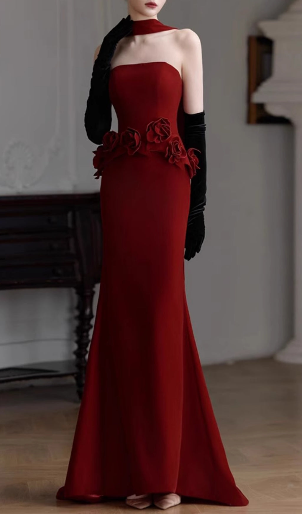 Edena Crimson Rose Strapless Evening Gown