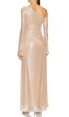 Cisne Sparkling Sequin One-Shoulder Maxi Gown with 3D Flowers