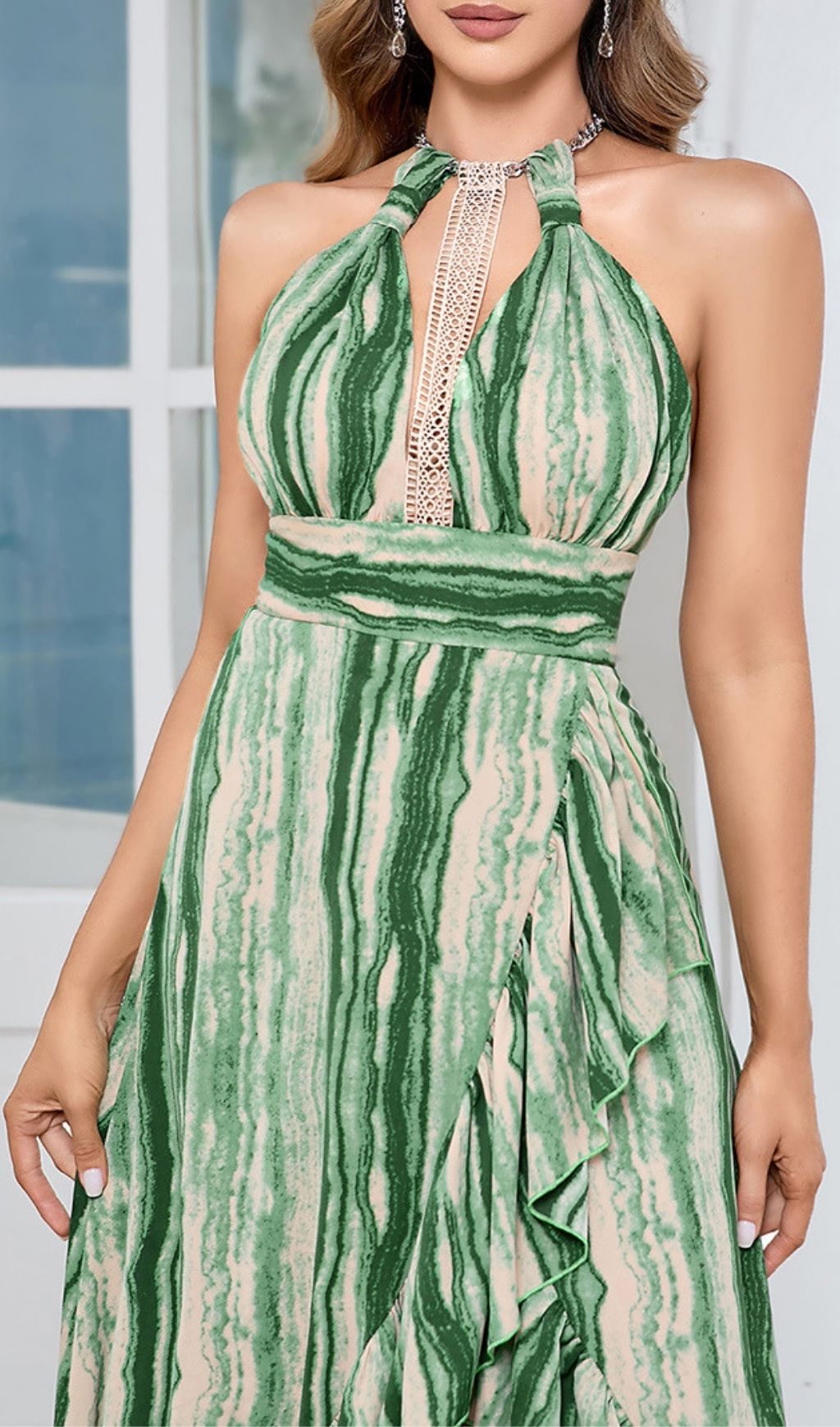 Estacia Vibrant Chic Green Swirl Print Halter Maxi Dress with Ruffles