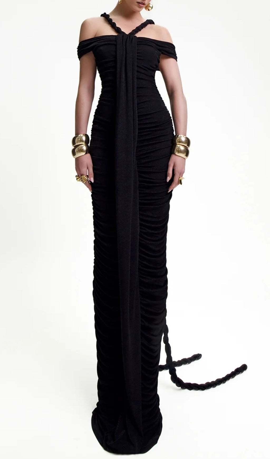 Elegant Black Bardot Ruched Maxi Dress with Braid Detail