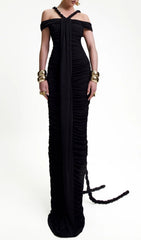 Elegant Black Bardot Ruched Maxi Dress with Braid Detail