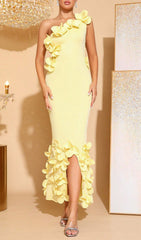 Radiant Yellow One-Shoulder 3D Floral Maxi Dress with Slit