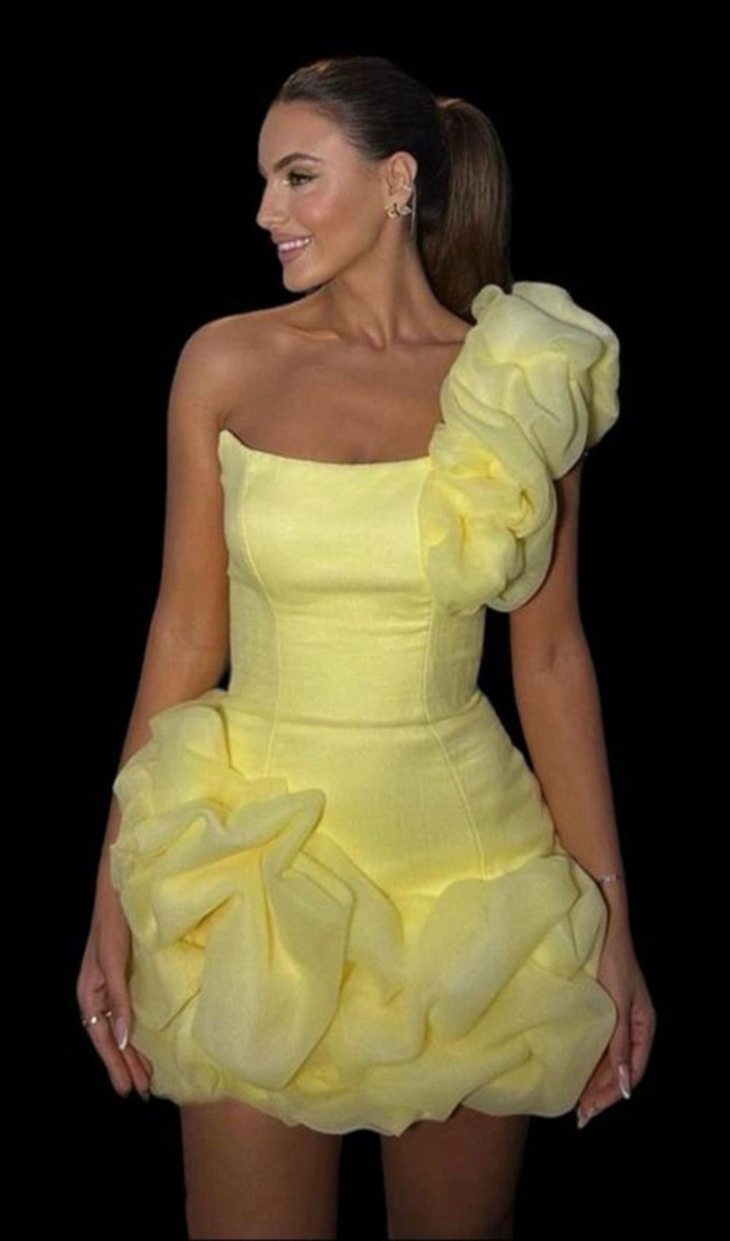 Drika Vibrant Yellow Ruffled One-Shoulder Mini Dress