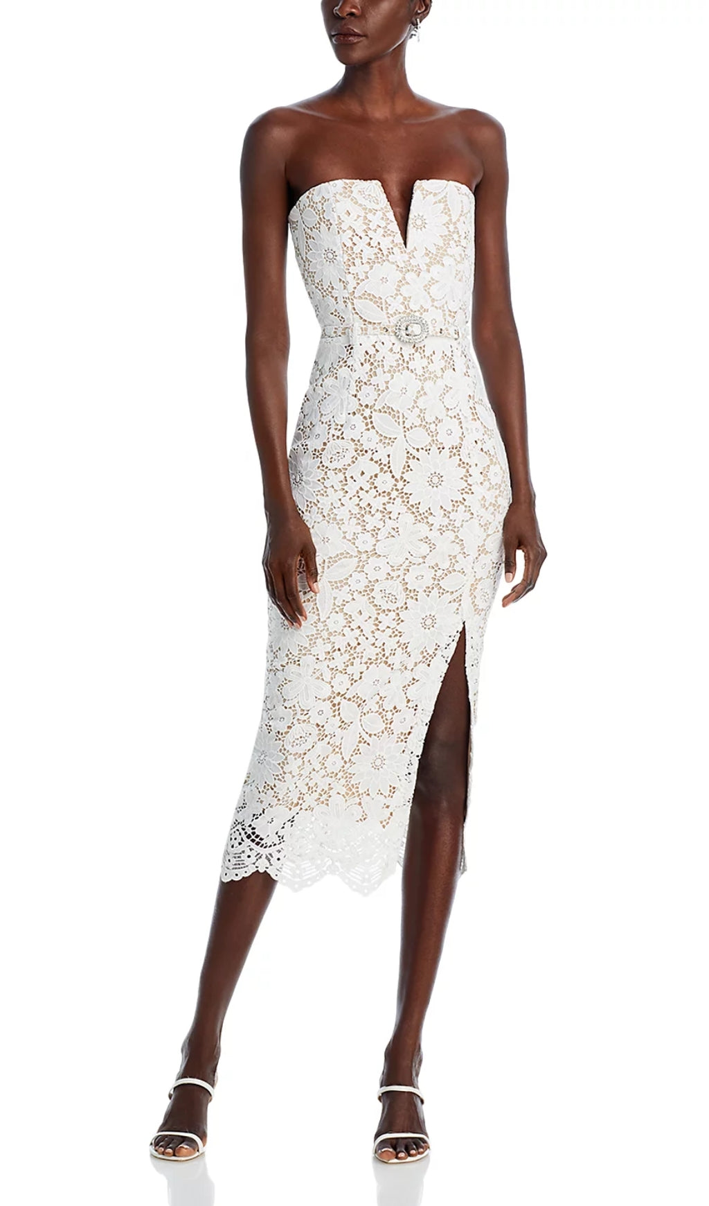 Charlotte White Floral Lace Strapless Midi Dress