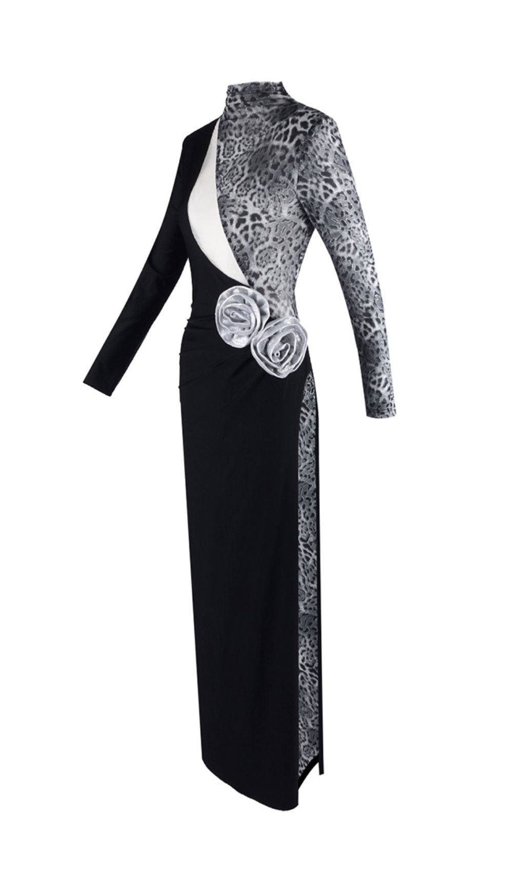 Faye Leopard & Black Asymmetrical Maxi Dress with 3D Rosettes