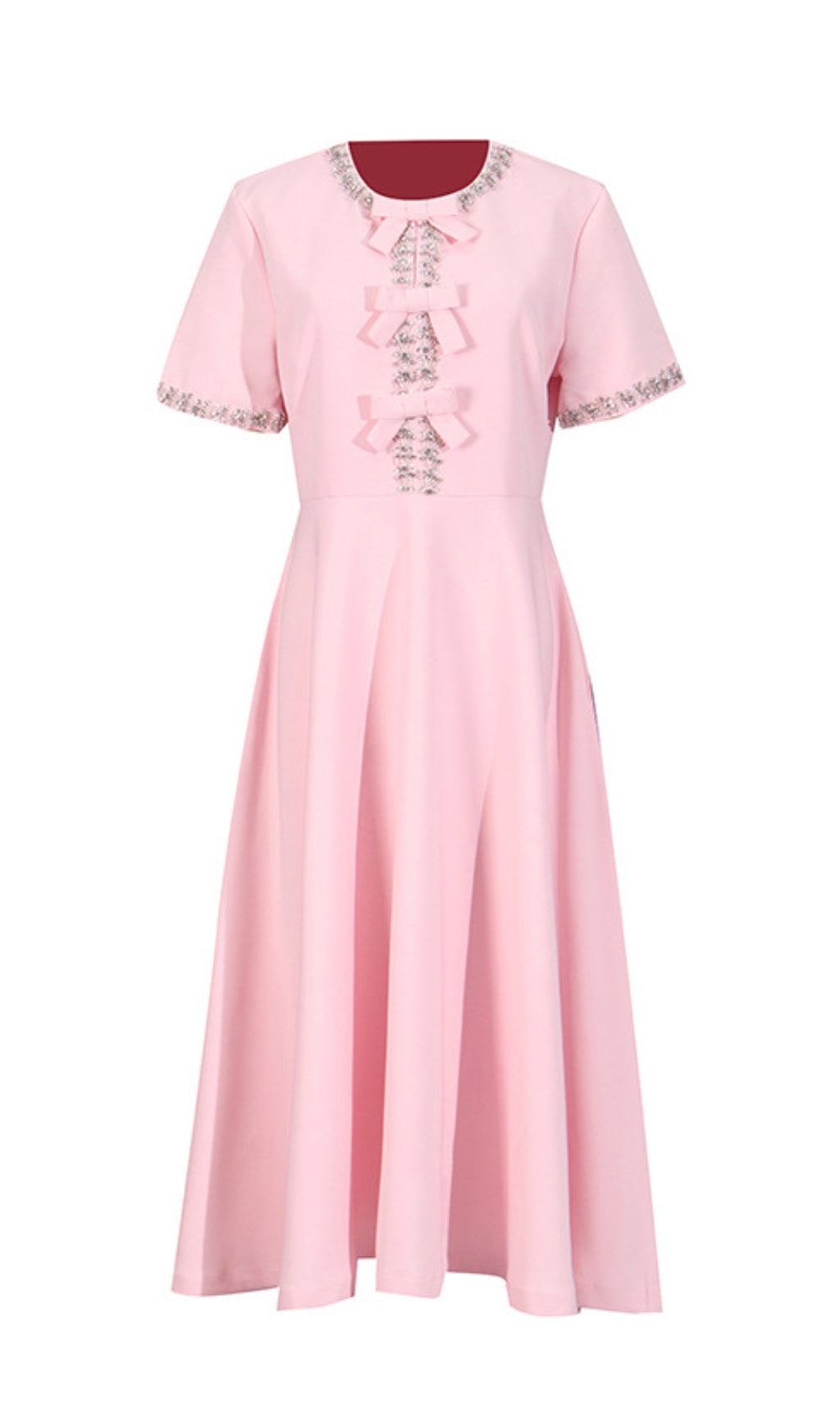 Chic Pink Bow & Crystal Embellished Midi Dress