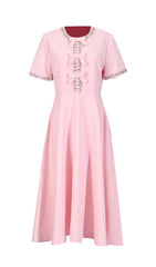 Chic Pink Bow & Crystal Embellished Midi Dress