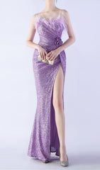 Chroma Purple Sequin Feather Maxi Gown