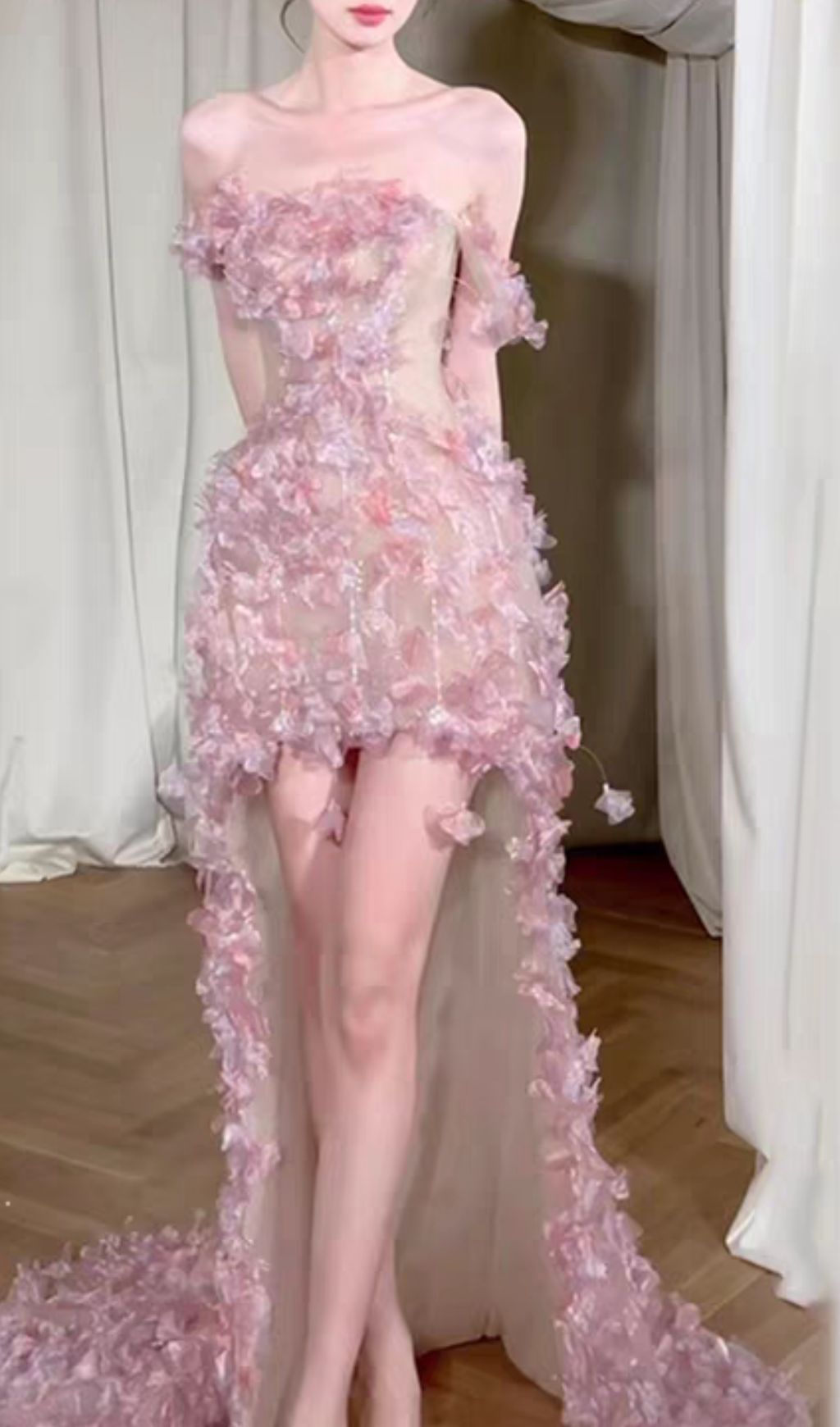 Hernán Enchanting Pink 3D Floral Off-Shoulder High-Low Dress