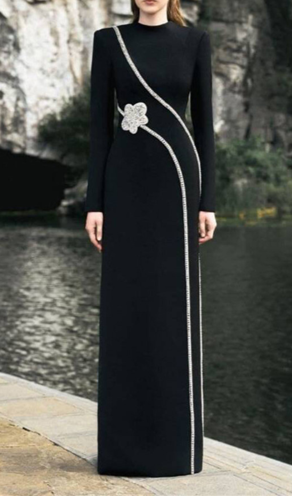Galatia Black Diamante Embellished Long Sleeve Maxi Evening Gown