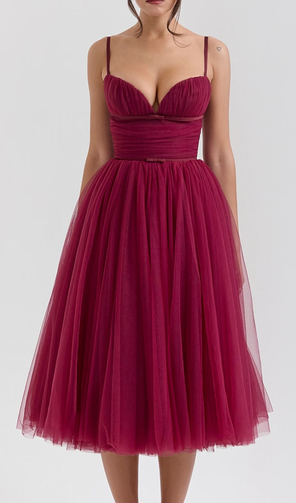 Diellza Wine Red Tulle Midi Dress