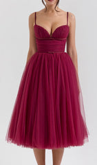 Diellza Wine Red Tulle Midi Dress
