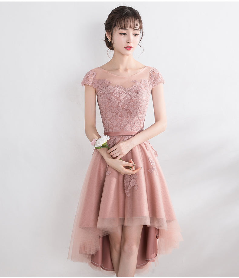Vestido de dama de honor con mangas cortas de tul y encaje rosa 