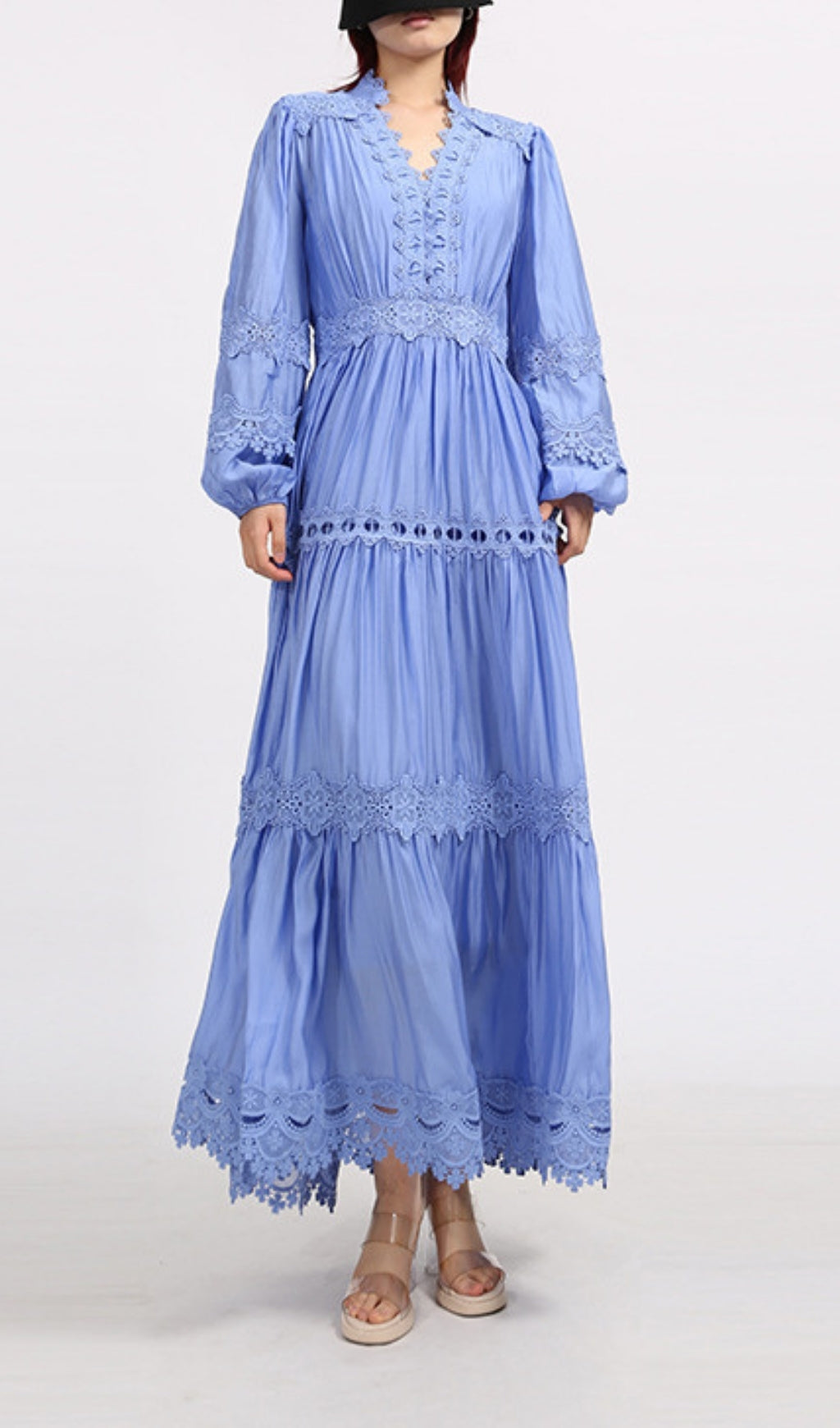 Este Periwinkle Blue Boho Lace-Trim Long Sleeve Maxi Dress