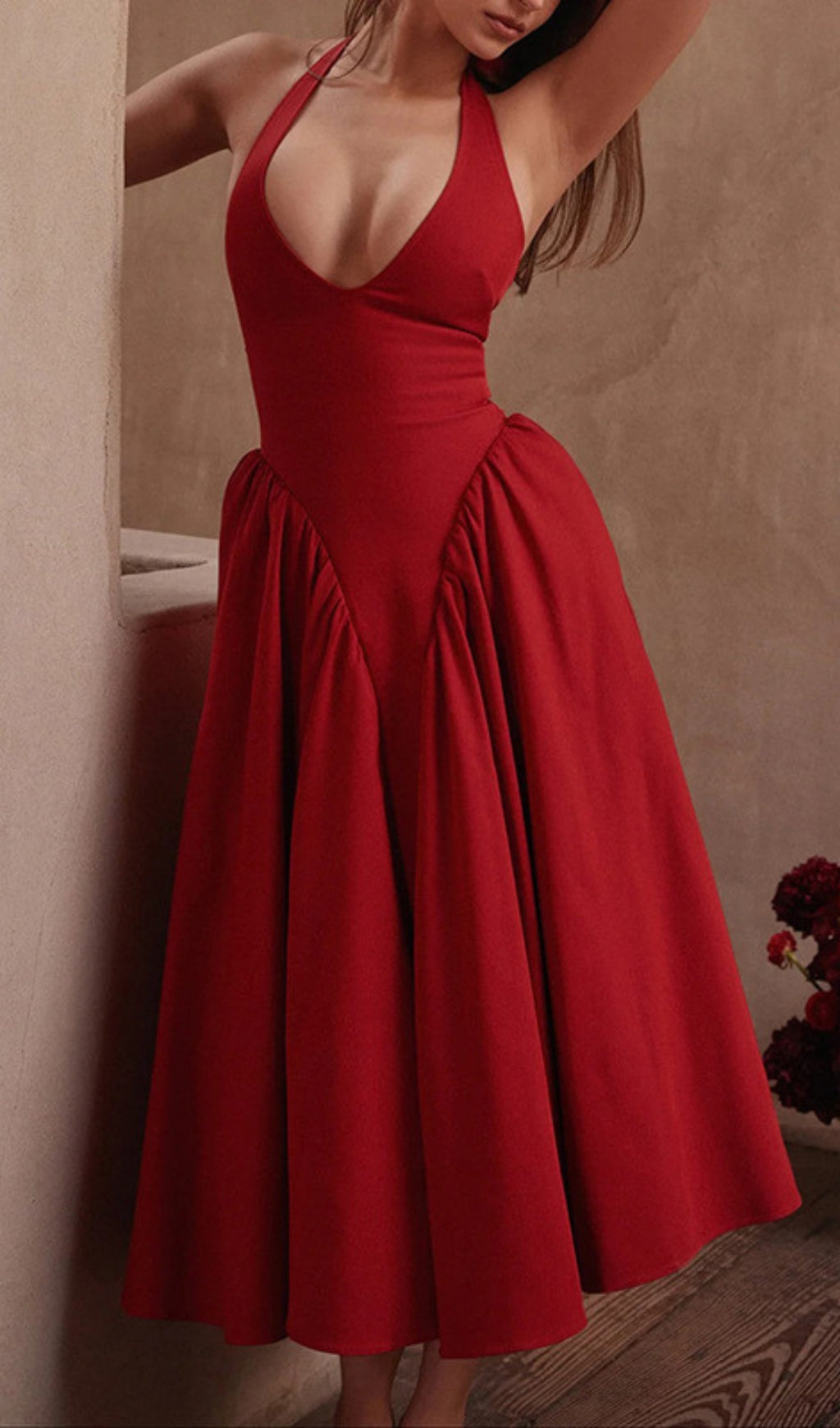 Dierdra Red Halter Neck Midi Dress