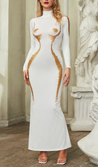 Ara White Gold Abstract Body Print Mock Neck Maxi Dress