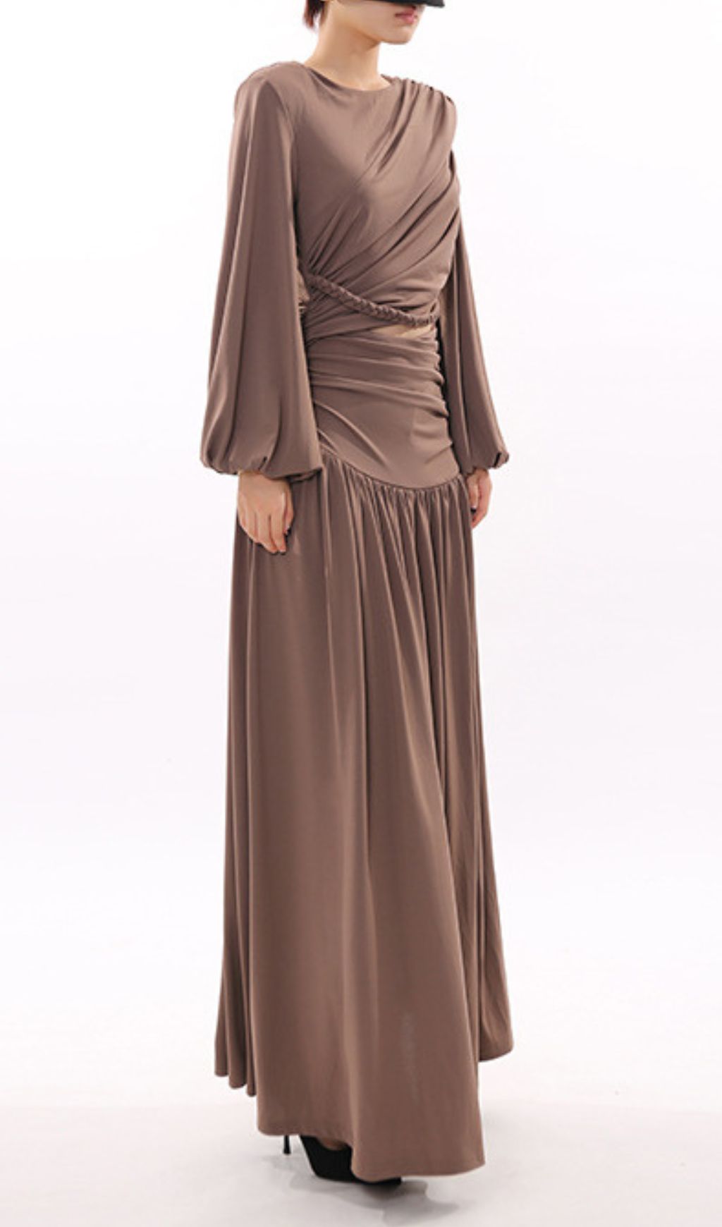 Ignacia Draped Long Sleeve Maxi Dress with Braided Waist Cutout