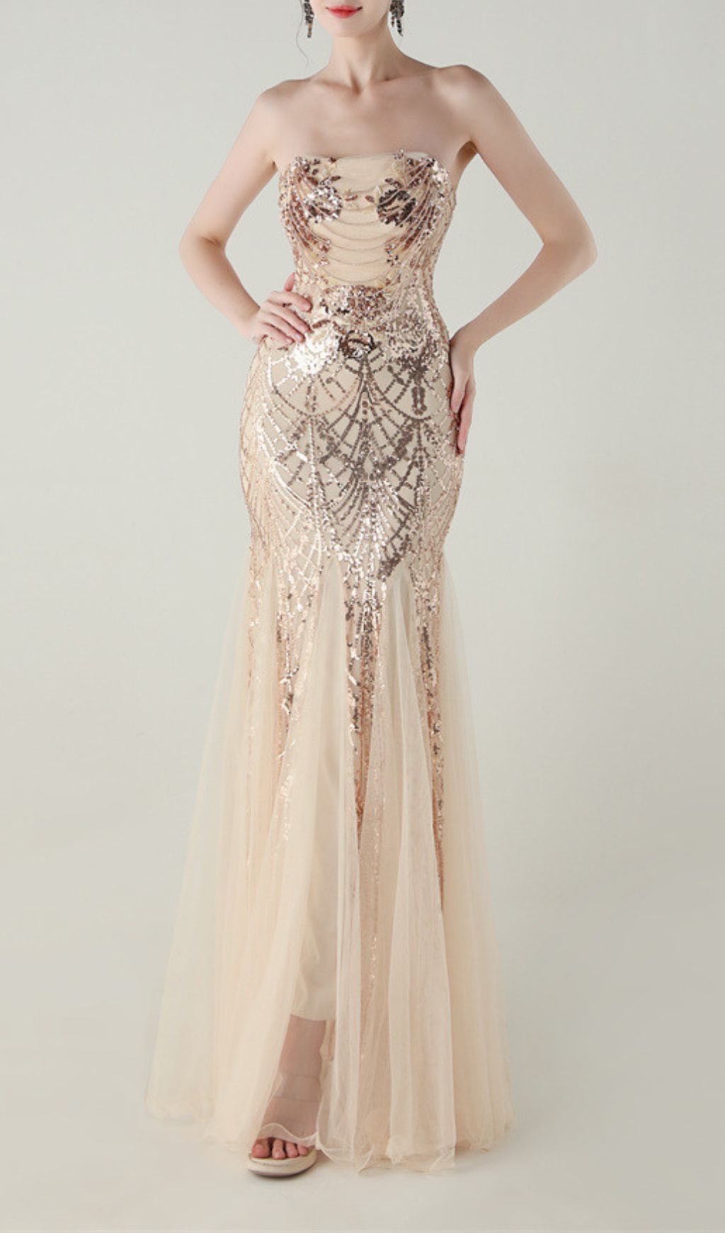 Ikuye Strapless Sequin Mesh Maxi Dress