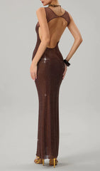 Dazzling Brown Backless Rhinestone Maxi Dress