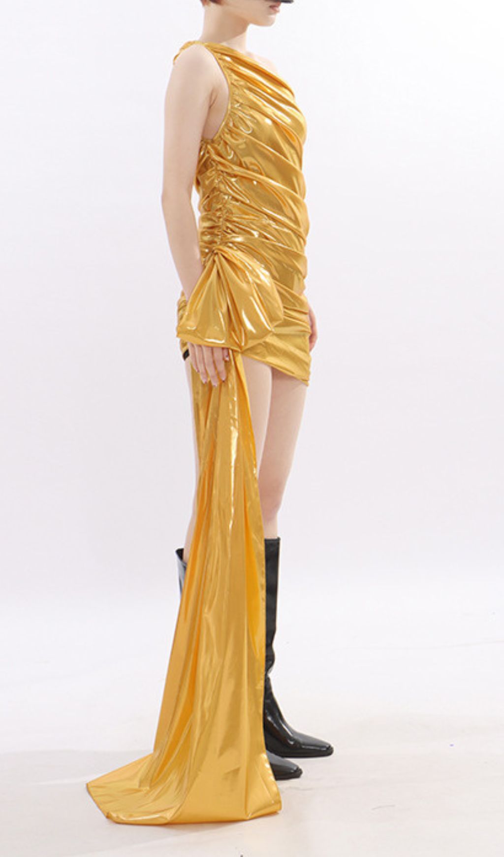 Kalina Gold Metallic One-Shoulder Ruched Mini Dress