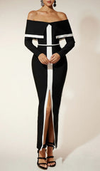 Glamorous Off-Shoulder Black & White Bandage Maxi Dress with High Split