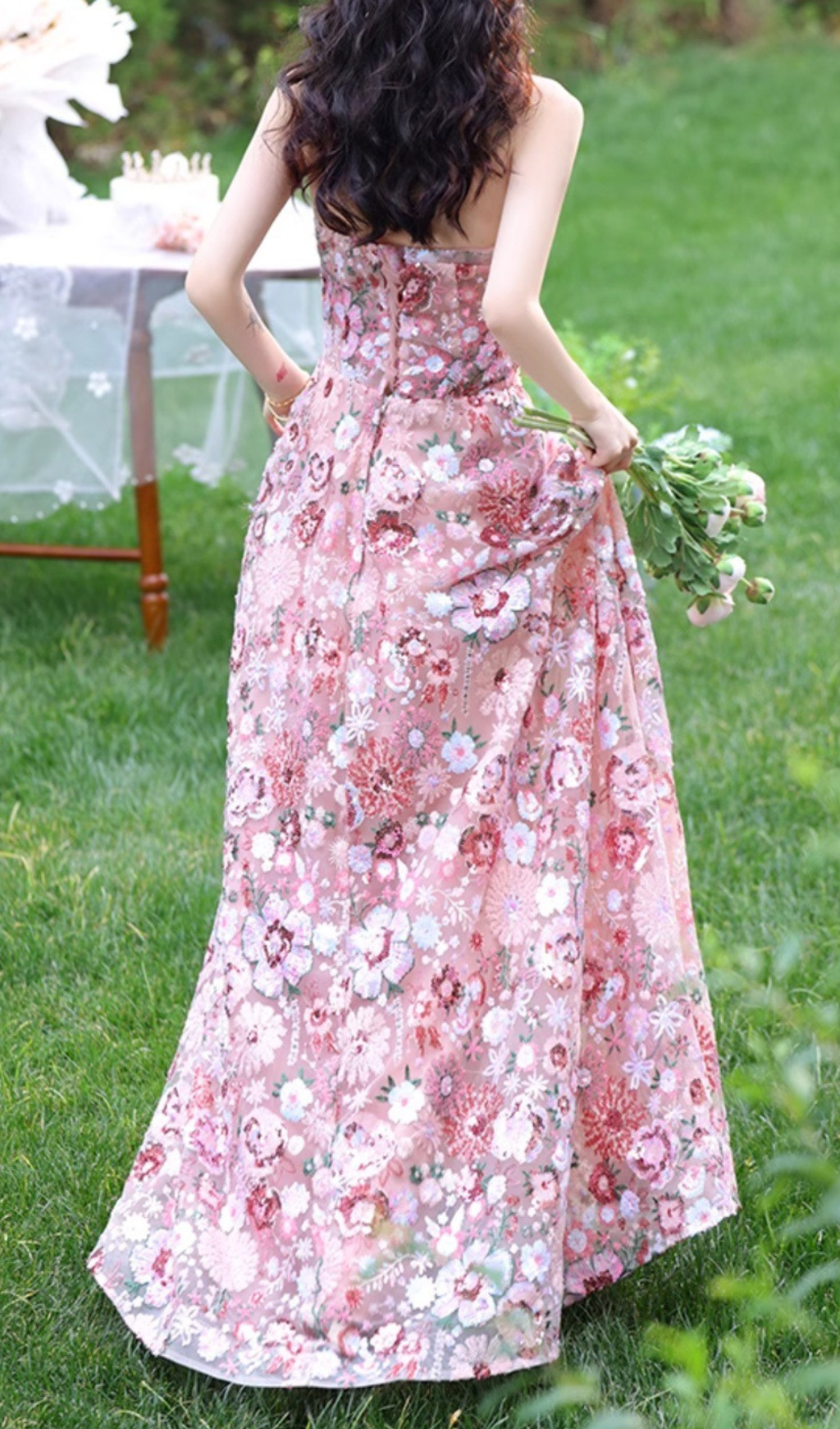 Geovany Pink Floral Sequin Strapless Maxi Dress