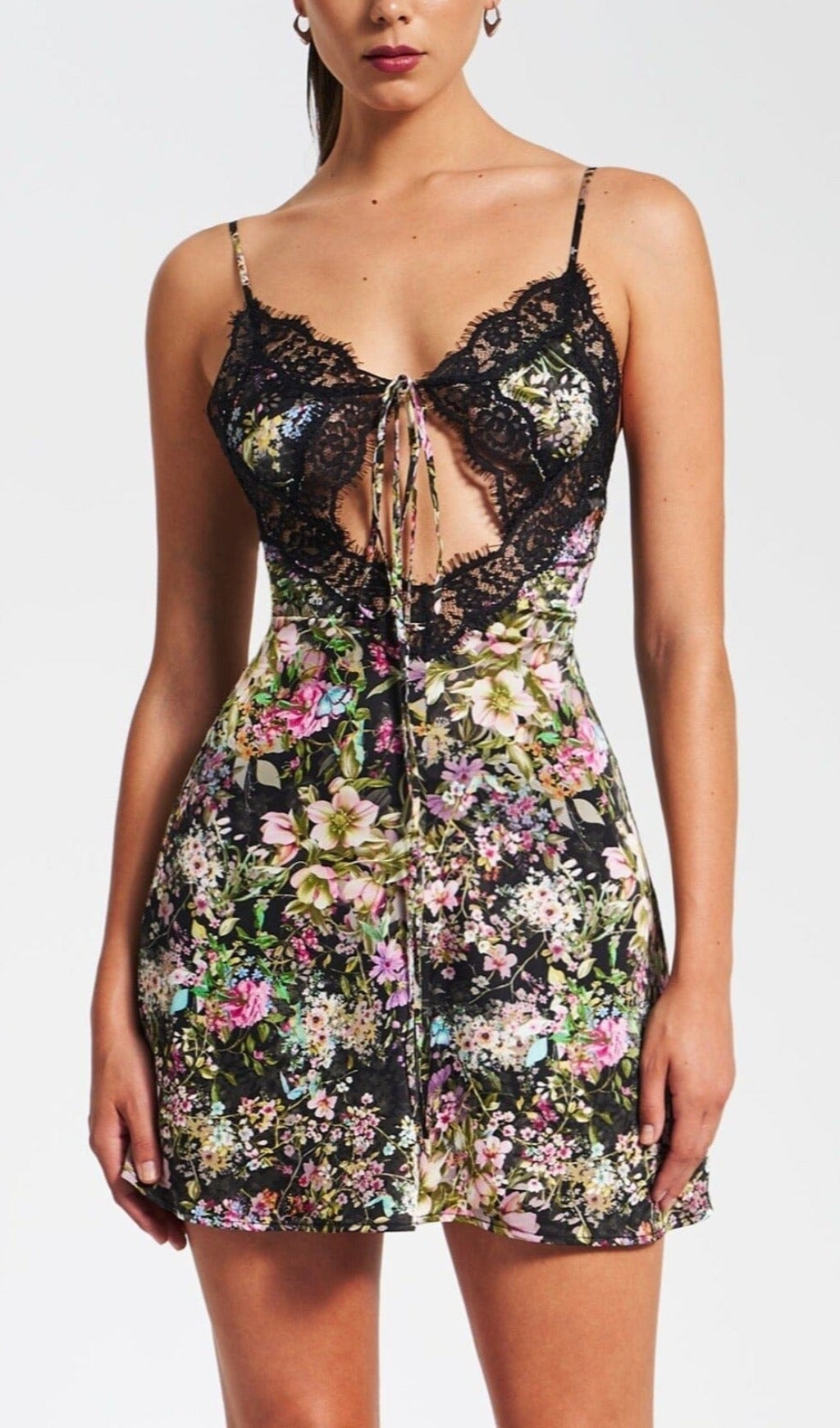Elegant Floral Satin Mini Dress with Lace Trim & Tie-Front Keyhole