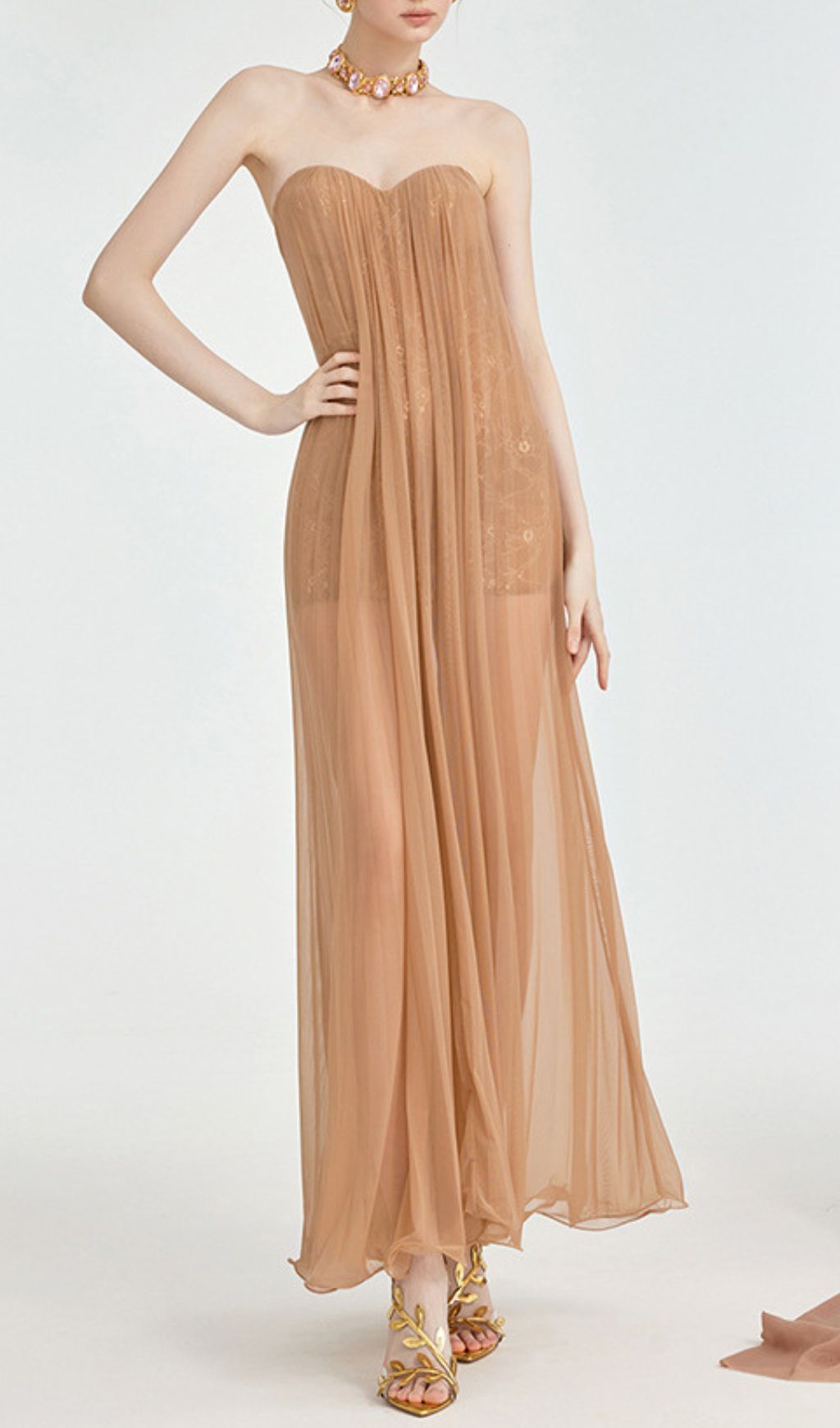 Fintan Ethereal Strapless Mesh & Lace Maxi Dress
