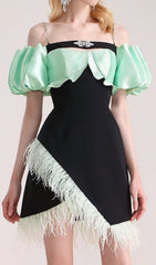 Cielo Chic Black & Mint Off-Shoulder Feather Mini Dress