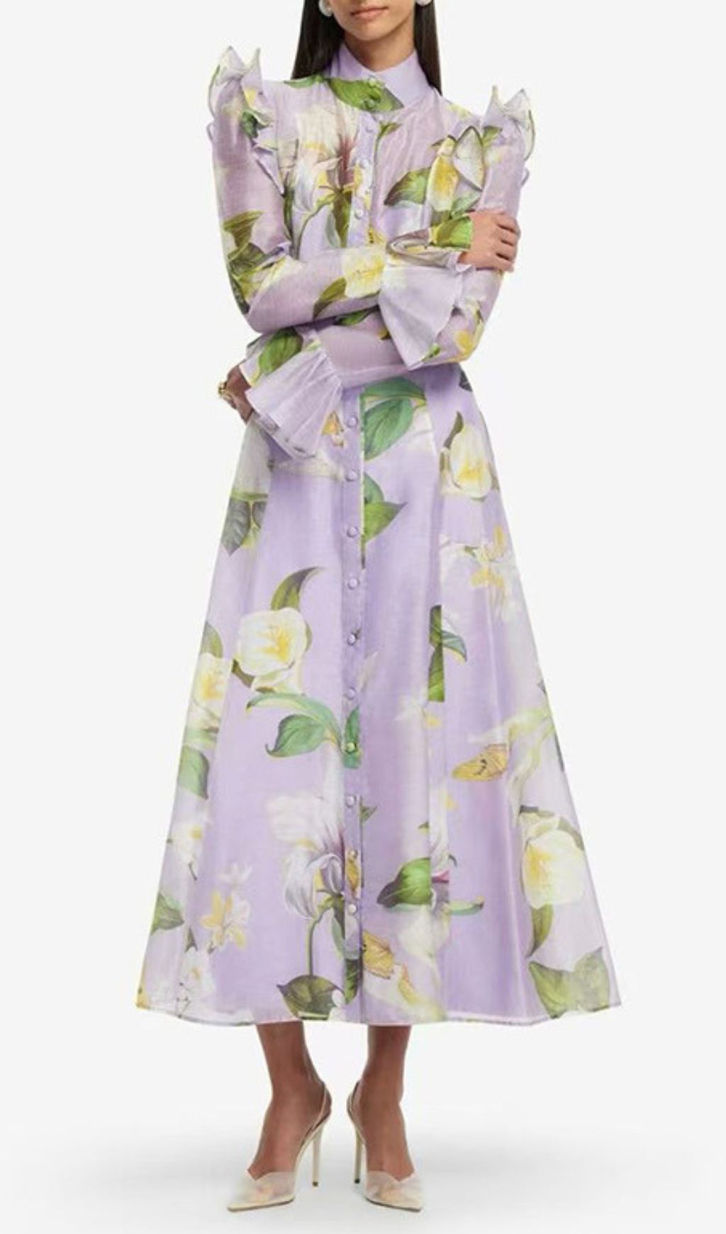 Isolda Lavender Floral Ruffled Midi Dress