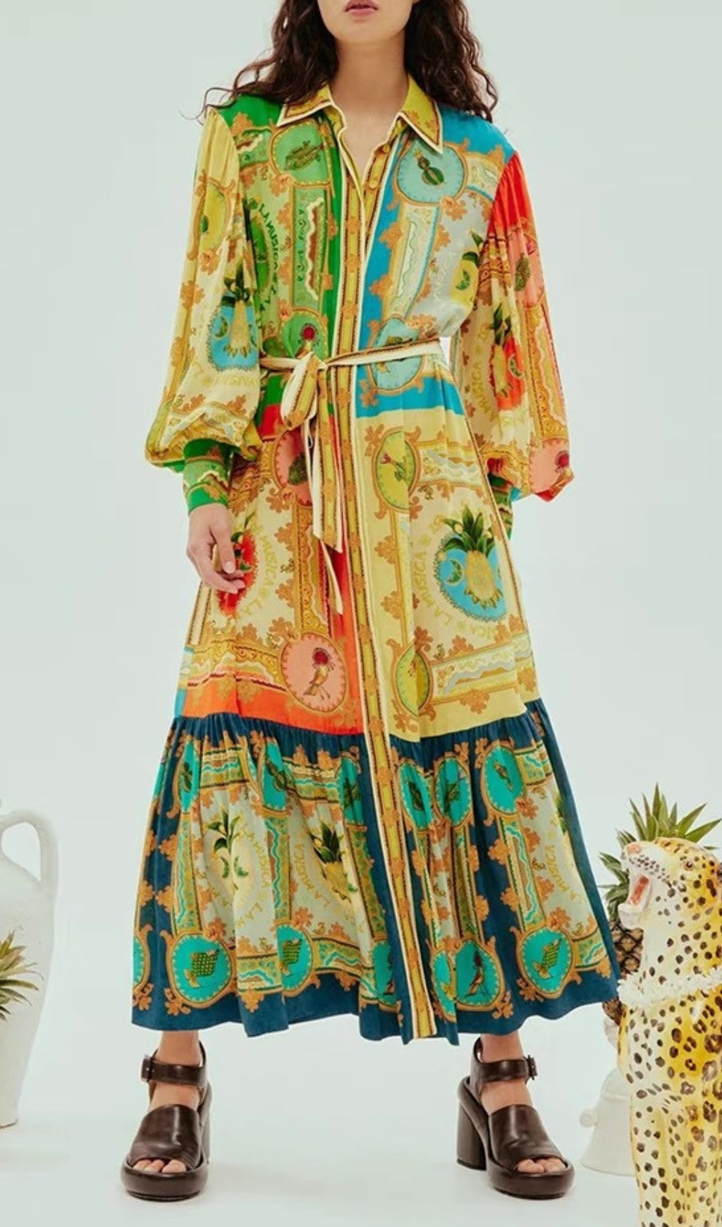 Eliseo Tropical Artistry Vibrant Printed Long Sleeve Midi Dress