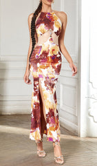 Eshe Chic Abstract Halter Maxi Dress with Glam Cutout & Slit