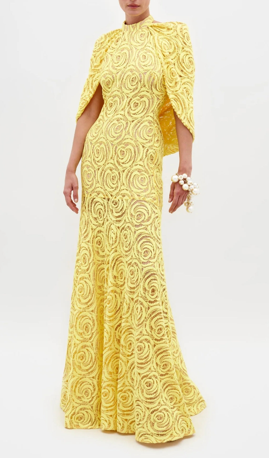 Earla Yellow Rose Lace Cloak Sleeve Maxi Gown