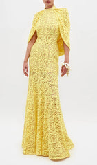 Earla Yellow Rose Lace Cloak Sleeve Maxi Gown