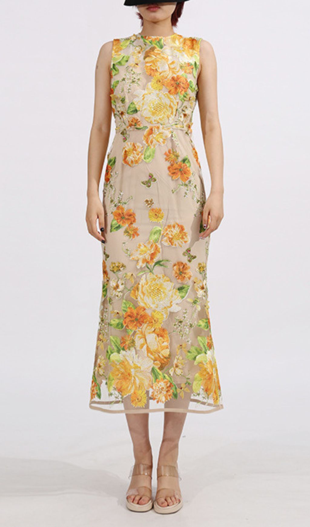 Elowen Vibrant Floral Embroidery Sleeveless Midi Dress