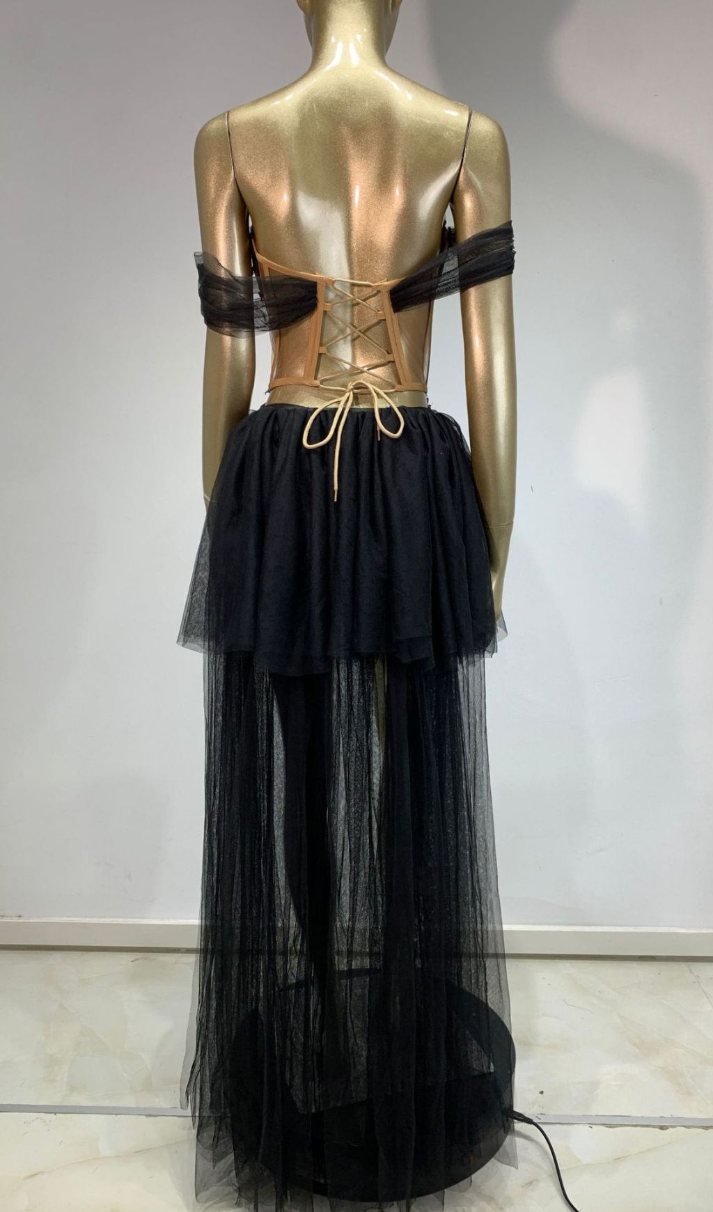 Fiachra Dramatic Black Lace Corset Mesh Maxi Gown