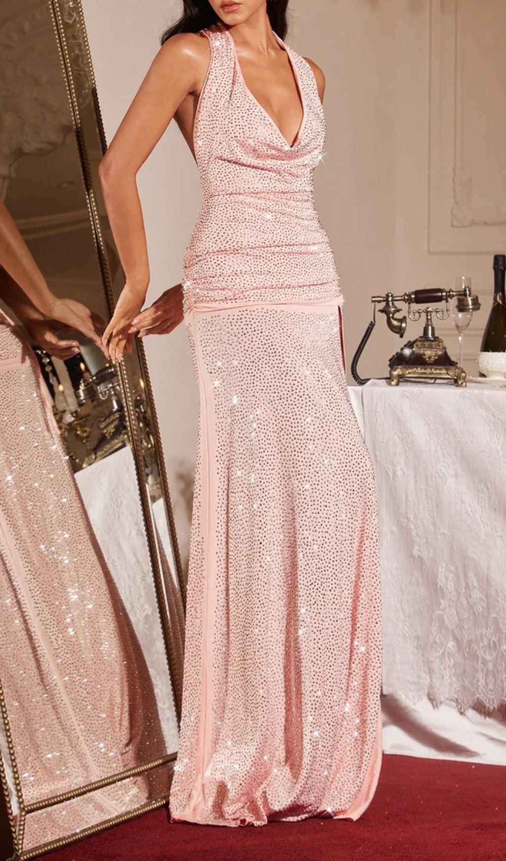 Fima Opulence Sparkling Rhinestone Halter Plunge Neck Maxi Gown with Slit