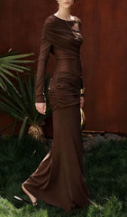 Indira Coffee Brown Ruched Long Sleeve Maxi Dress