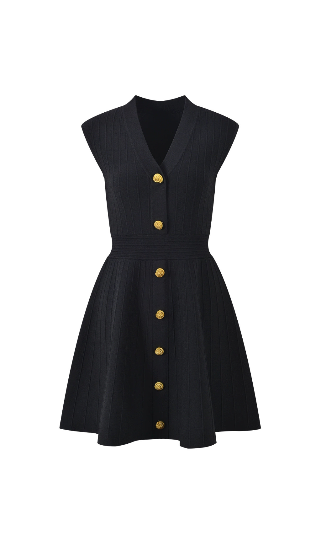 Helen Chic Ribbed Knit Sleeveless Mini Dress with Gold Buttons