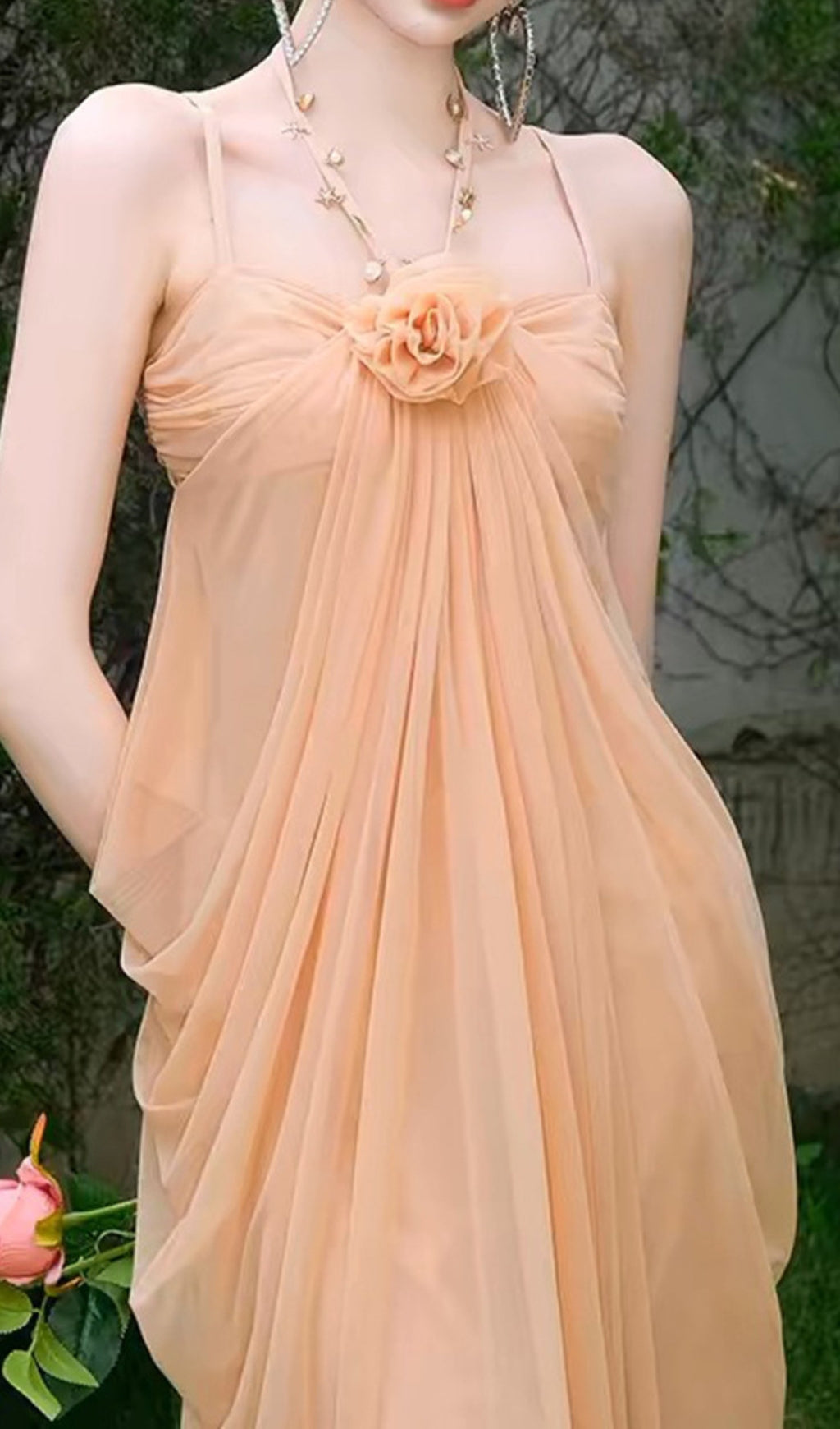 Daveed Romantic Nude Mesh Maxi Dress with 3D Floral Appliqu