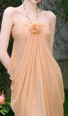 Daveed Romantic Nude Mesh Maxi Dress with 3D Floral Appliqu