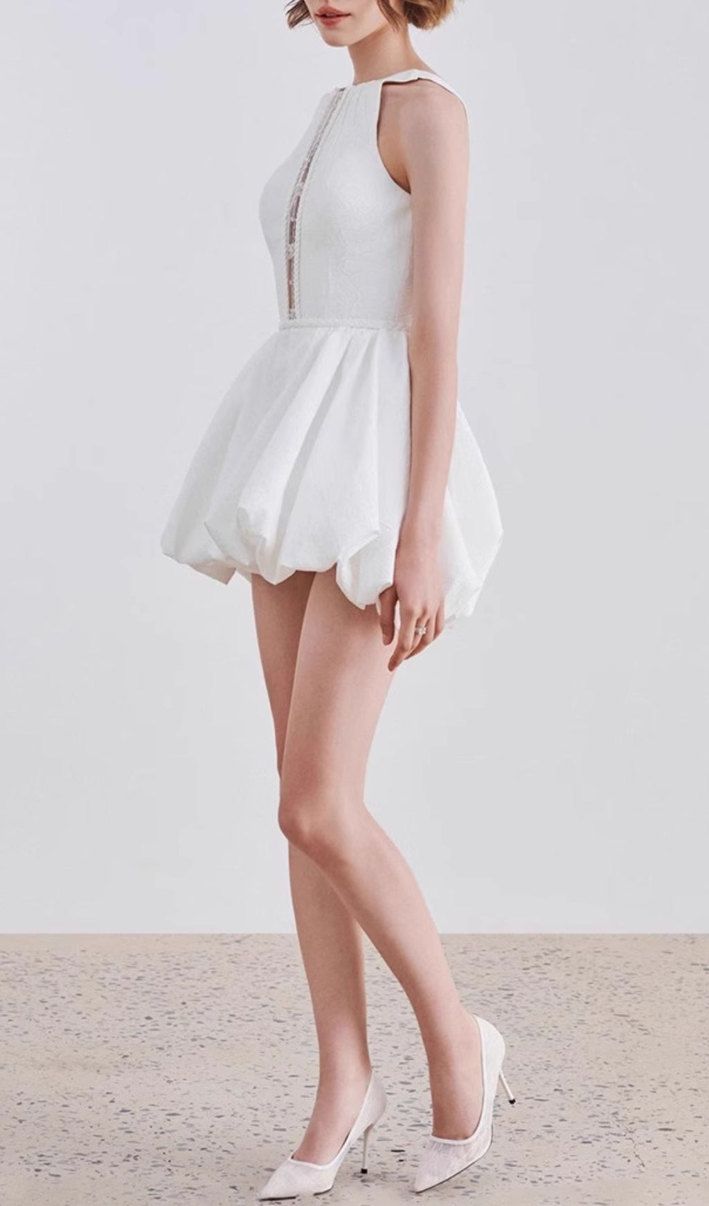 Emilie White Halter Neck Bubble Hem Mini Dress with Sheer Detail