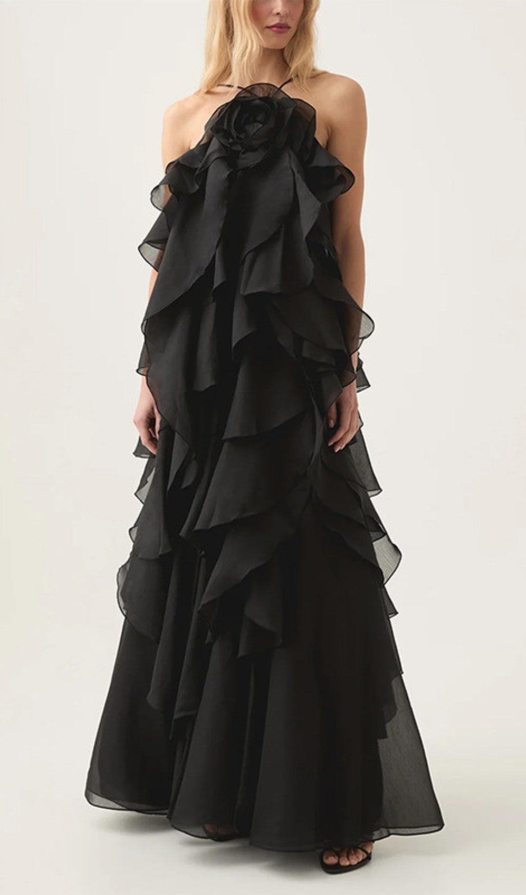 Cambree Elegant Black Halter Ruffle Maxi Dress